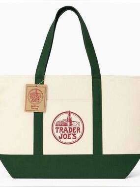 Trader Joe's Cream & Green Canvas Tote Bag